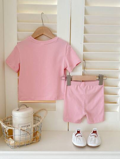 SHEIN LMoss Kids Zestaw z krótkim rękawem i okrągłym dekoltem ModeFlare Wear dla dziewczynki, swobodny, kwiatowy wzór, lato, zawierający 95% bawełny