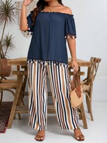 Plus Frill Trim Off Shoulder Top & Striped Print Pants For Summer Vacation - Multicolor - View 6