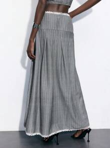 Maija Falda A-Line casual y vintage con volantes en el dobladillo, parches de encaje y rayas grises para mujer, primavera verano