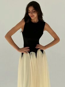 Aloruh Elegant Color Block Mesh Splicing Slim Fit Sleeveless Round Neck Dress Suitable For Work And Date - Black - View 4