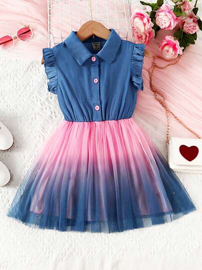 SHEIN Young Girl Ombre Ruffle Trim Mesh Hem Shirt Dress Summer Holiday
