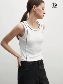 BizChic Women's Business Attire Office Work Cheongsam Style Black & White Contrast Knitted Fitted Tank Top