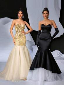 Glamrae Elegant And Gorgeous Champagne Color Tube Top With Positioning Sequins Embroidered Breast Cup Mesh Splicing Fishtail Hem Floor Length Heavy Industry Dinner Dress