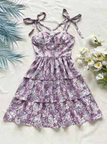 Soleia WYWH Dames Vakantie Vakantie Paarse Bloemen Schouderband Strik Taartjurk Ditsy Bloemen Vierkante Hals Gelaagde Taartjurk, Romantische Bruiloft Seizoen Outfit, Afternoon Tea Outfit, Schattige Jurk