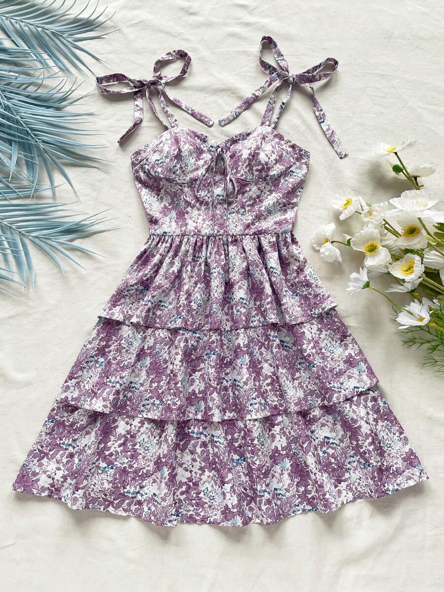 Soleia WYWH Dames Vakantie Vakantie Paarse Bloemen Schouderband Strik Taartjurk Ditsy Bloemen Vierkante Hals Gelaagde Taartjurk, Romantische Bruiloft Seizoen Outfit, Afternoon Tea Outfit, Schattige Jurk