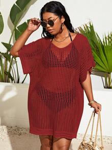 SHEIN Swim Curve Vestido cubre con tejido calado para tallas grandes, ideal para el verano - Burdeos - Ver 6