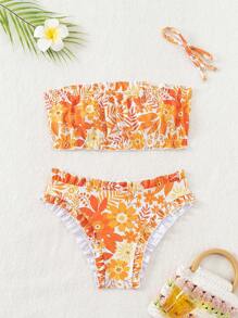 SHEIN Swim 女士夏季海灘熱帶植物印花無肩帶性感比基尼套裝，隨機印花 - 彩色 - 查看 6