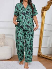 Printed Short Sleeve Top And Long Pants Pajama Set, Plus Size, With Collar And Front Opening - Green - View 3