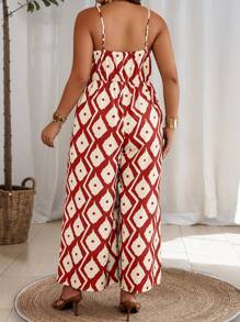 Breezaya Plus Size Vacation Leisure Random Printed Wide Leg Jumpsuit With Shoulder Straps