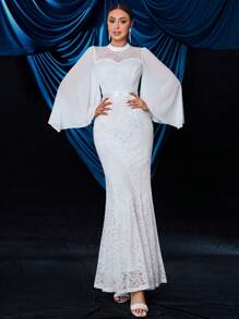 Floral Lace Bell Sleeve Chiffon Mermaid Wedding Dress, White Elegant Long Sleeve Bridal Gown - White - View 3