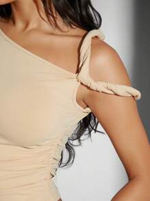 Denimoi Solid Twist Asymmetric Ruched Crop Top - Apricot - View 5