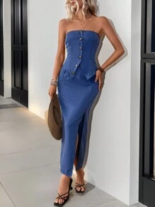 SHEIN Clasi Women's Solid Color Buttoned Bustier Top And Thigh Split Skirt, Summer Sexy 2pcs Set - Blue - View 1