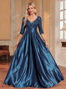 Vrouwen V-hals Lange Sequin Formele Jurk (Zware Decoratie) Elegante Lange Mouw Prom Avond Bruiloft Gast Jurk, Voor Afstuderen, Diner Feest Jurk