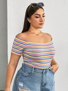 SHEIN Essnce Plus-Size Women's Date Tops, Rainbow Striped T-Shirts, Off-The-Shoulder Tops, Cute Summer Dresses,Summer Women Dresses Casual Summer Dress Summer Tops,Teacher Clothes Teacher T Shirt  Fall Women Clothes