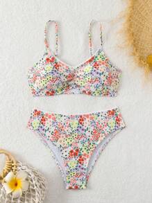 Swim Mod Conjunto de bikini de dos piezas, estampado de patrón aleatorio con dientes blancos, comprado derechos de autor verano playa - Multicolor - Ver 5