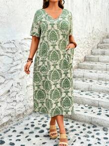 V-Ausschnitt Kleid in Große Größen mit Kurzarm und Taschen, All-Over Muster für den Sommer