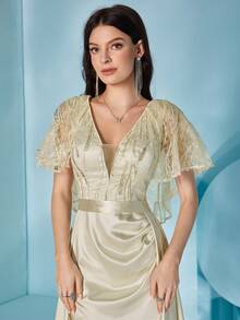 Lace Floral Patterned Sleeves, Sequined Satin Dress - Apricot - View 7