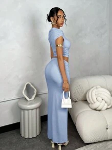 SHEIN BAE Women's Asymmetric Asymmetrical Neck Ruched Top + Low Waist Ruched High Slit Solid Pink Summer Set - Baby Blue - View 2