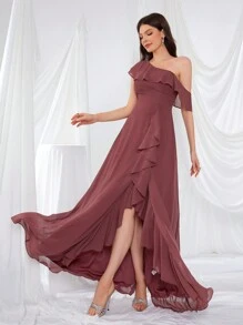 Elegant Flounced Asymmetrical Neck Neck Chiffon Formal Dress, Bridesmaid Dress - Redwood - View 2