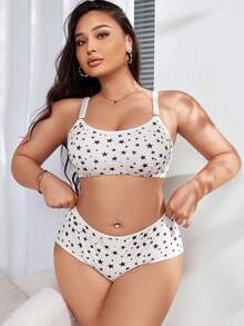 SHEIN Plus Size Five-Pointed Star Printed Bra And Underwear Set - White - View 5