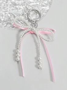 ROMWE Kawaii 1pc Cute Pink Big Bowknot Faux Pearl Chain Keychain - Multicolor - View 1