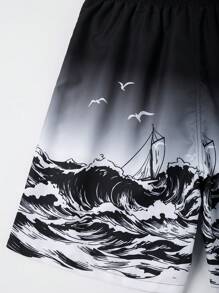 Surfspeed Men's Vacation Beach Wave Print Drawstring Loose Fit Beach Shorts - Black and White - View 6