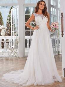 Của phụ nữ Không tay Vòng cổ Lưới trong suốt Váy dự tiệc - Màu be - Xem 1