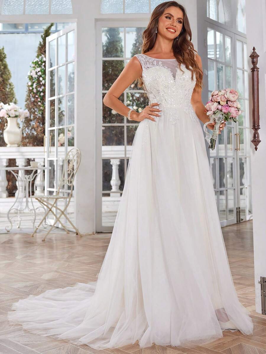 Của phụ nữ Không tay Vòng cổ Lưới trong suốt Váy dự tiệc - Màu be - Xem 1