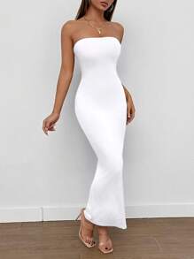 SHEIN PETITE Split Back Tube Summer Women Outfit Dress,Summer Dresses For Women,White Graduation Dress - White - View 6