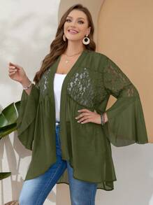 EMERY ROSE Plus Size Women'S Summer Black Cardigan Chiffon And  Lace Splice Ruffle Sleeve Top