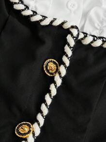 SHEIN MOD 返校季立領黑白撞色2合1大學風襯衫，黑白襯衫，可愛襯衫，工作襯衫，休閒女裝襯衫 - 黑與白 - 查看 3