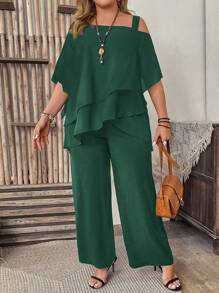 Plus Asymmetrical Neck Top & Wide Leg Pants For Summer Vacation - Dark Green - View 1