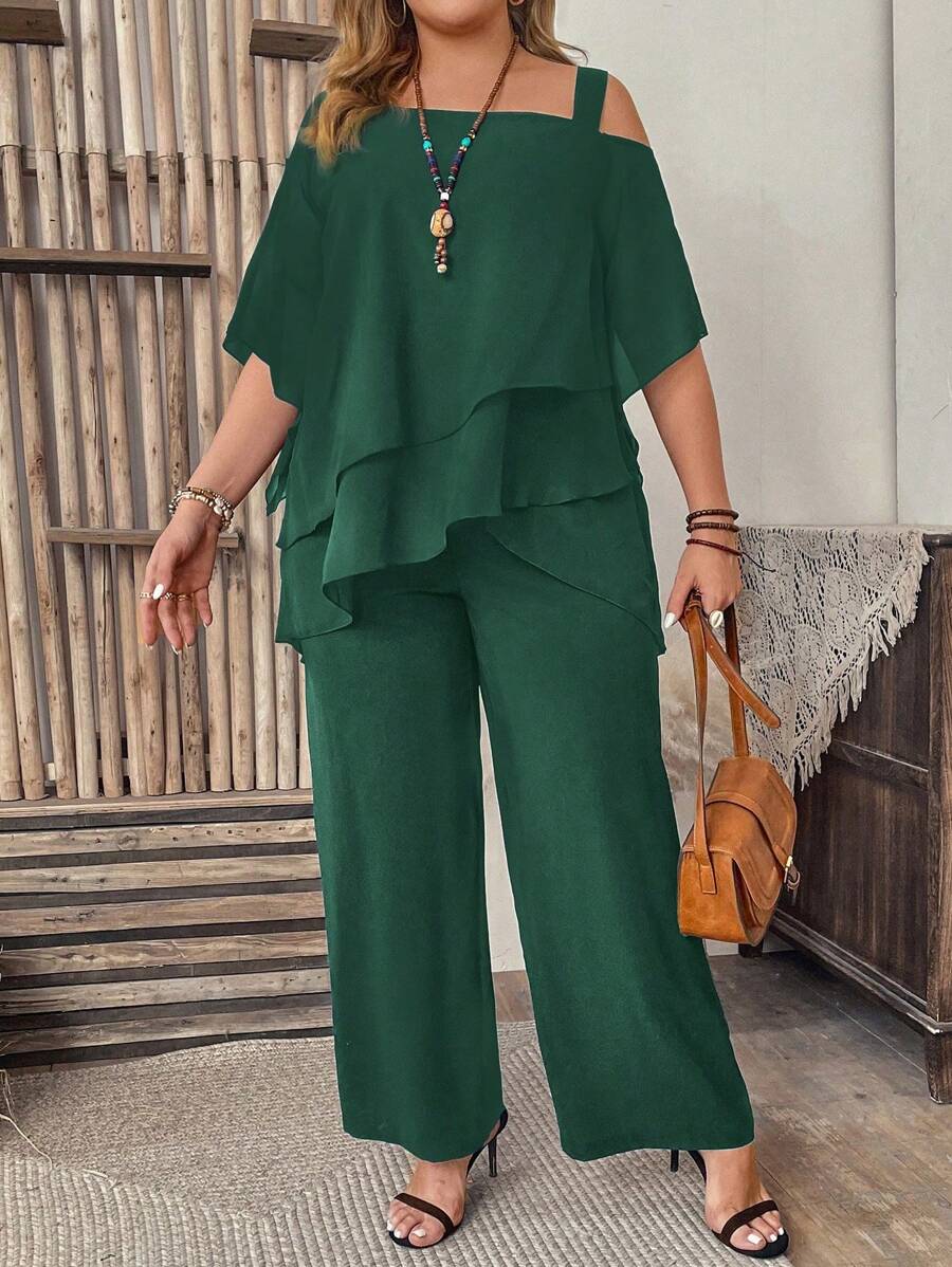 Plus Asymmetrical Neck Top & Wide Leg Pants For Summer Vacation - Dark Green - View 1