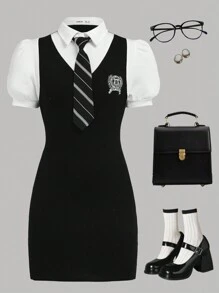 SHEIN Teen Girls Black And White 2 In 1 College Style Embroidery Tie Knit Back-To-School Season Casual Dress - Black and White - View 1