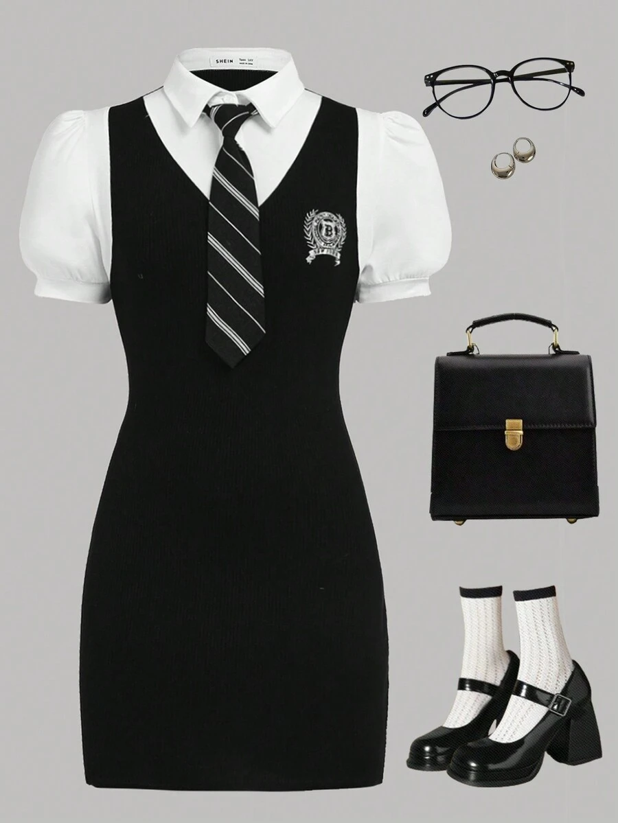 SHEIN Teen Girls Black And White 2 In 1 College Style Embroidery Tie Knit Back-To-School Season Casual Dress - Black and White - View 1