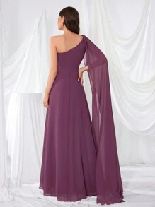 UNITHORSE Asymmetrical Neck Chiffon Dress With Embroidered Sequins And Beads On Waist, Party Dress Wedding Guest Dress Formal Dress Evening Dress,Gown - Red Violet - View 2
