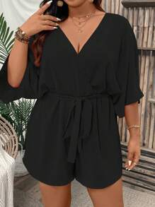 SHEIN 大码女式纯色 V 领镂空系带连体衣 - 黑色 - 查看 4