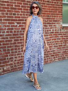 SHEIN LUNE Trang phục thường ngày dành cho nữ mùa hè cổ điển không tay in hình - Màu xanh lam - Xem 5