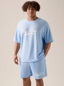 Manfinity VCAY 2pcs Men's Plus Size Light Blue And White Summer Casual Vacation Loose Fit Drop Shoulder Short Sleeve T-Shirt And Waist Drawstring Shorts Set - Blue - View 1