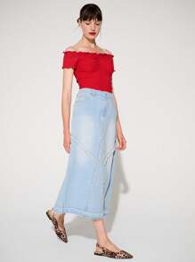 WESTFADE Premium Fray Seam Non-Stretch Cotton Denim Midi Skirt - Blue - View 6