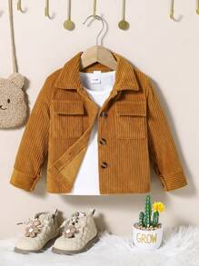 1 pieza Chaqueta retro casual de pana suave para niñas bebés, ropa de otoño e invierno - Marrón - Ver 1