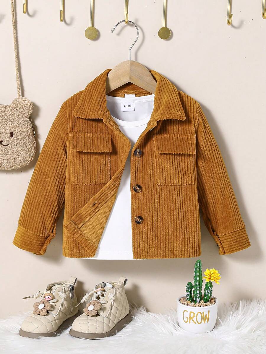 1 pieza Chaqueta retro casual de pana suave para niñas bebés, ropa de otoño e invierno - Marrón - Ver 1