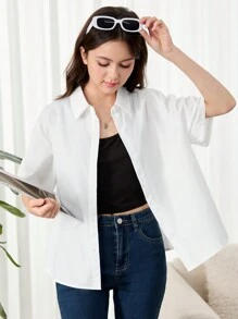 SHEIN Teen Girl Woven Solid Color Back Ruched Slit Loose Casual Short Sleeve Shirt - White - View 2