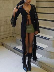 Women's Solid Minimalist Floral Lace Trim Design Dress - Black - View 3