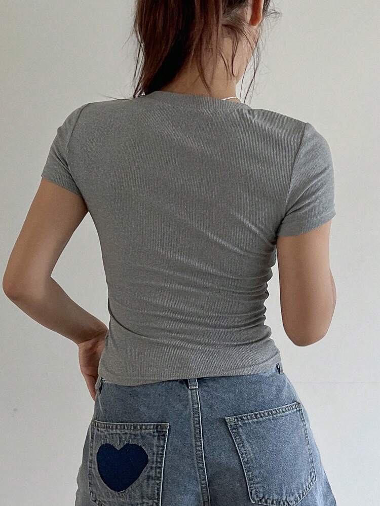 Women Summer Solid Color Square Neck Slim Short Sleeve T-Shirt