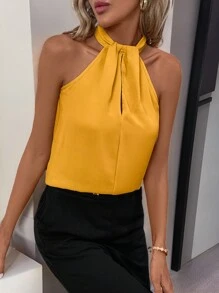 SHEIN Clasi Blusa plisada elegante con cuello en V y abertura con botones para mujer - Amarillo - Ver 6