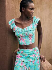 Maija Floral Print Ruffle Hem Slim Fit Women's Top - Green - View 8