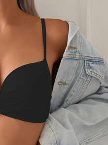 SHEIN Swim 女士純色交叉胸前性感比基尼套裝，適用於夏季沙灘（帶有加強墊片和鋼圈） - 黑色 - 查看 3