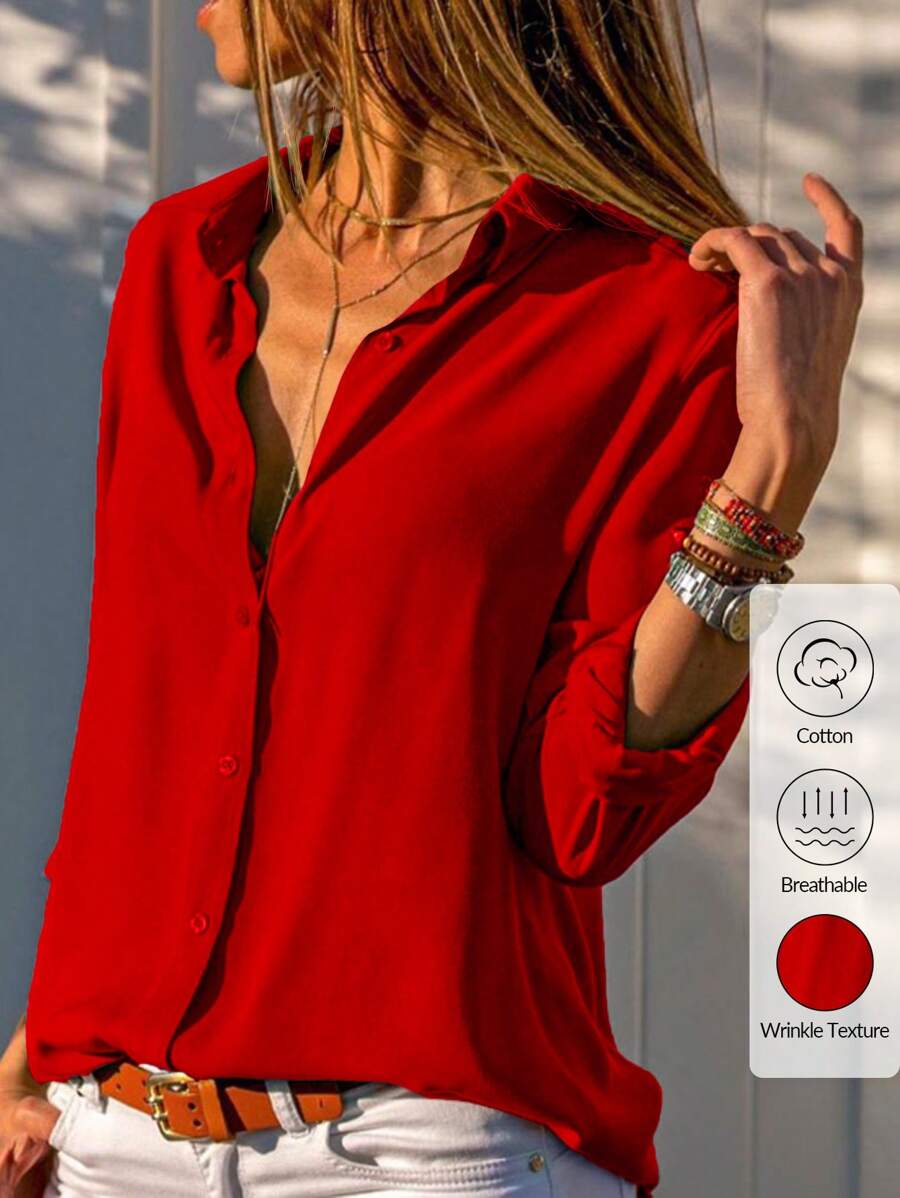 EURMUSE Solid Button Front Shirt - Red - View 1