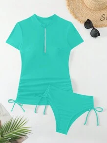 SHEIN Swim Women's Solid Color Tankini Set For Summer Beach Wear